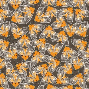 Yellow moths repeat pattern with brown canvas