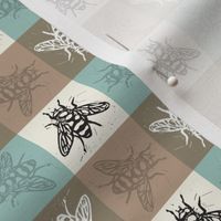 Busy Bee Gingham - Aqua and Clay - Black Bees