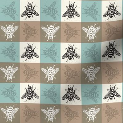 Busy Bee Gingham - Aqua and Clay - Black Bees