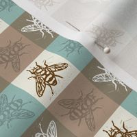 Busy Bee Gingham - Aqua and Clay - Brown Bees