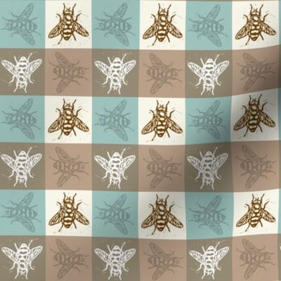 Busy Bee Gingham - Aqua and Clay - Brown Bees