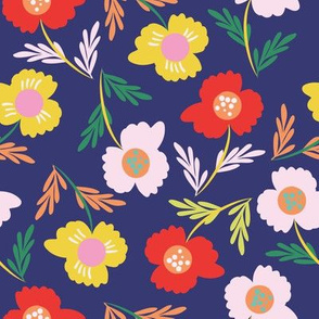 Flower Power: Red, Canary Yellow, and Pink Blooms with bright Leaves on blue