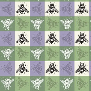 Busy Bee Gingham - Lavender and Sage - Black Bees