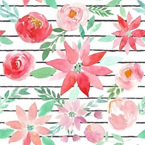 Christmas Garden Watercolor Florals on Charcoal Stripes