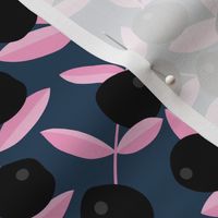 Black berries winter garden fruit and leaves botanical branch tropical spring design navy pink black