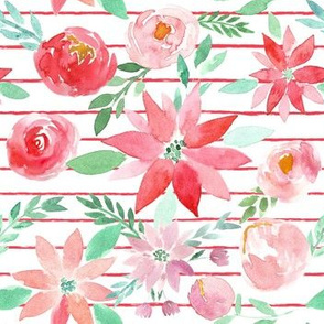 Christmas Garden Watercolor Florals on Red Stripes