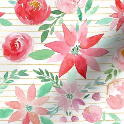 Christmas Garden Watercolor Florals on gold stripes