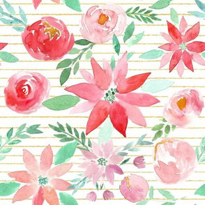 Christmas Garden Watercolor Florals on gold stripes