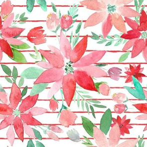 Perfect Poinsettas Christmas Watercolor on Red Stripes 