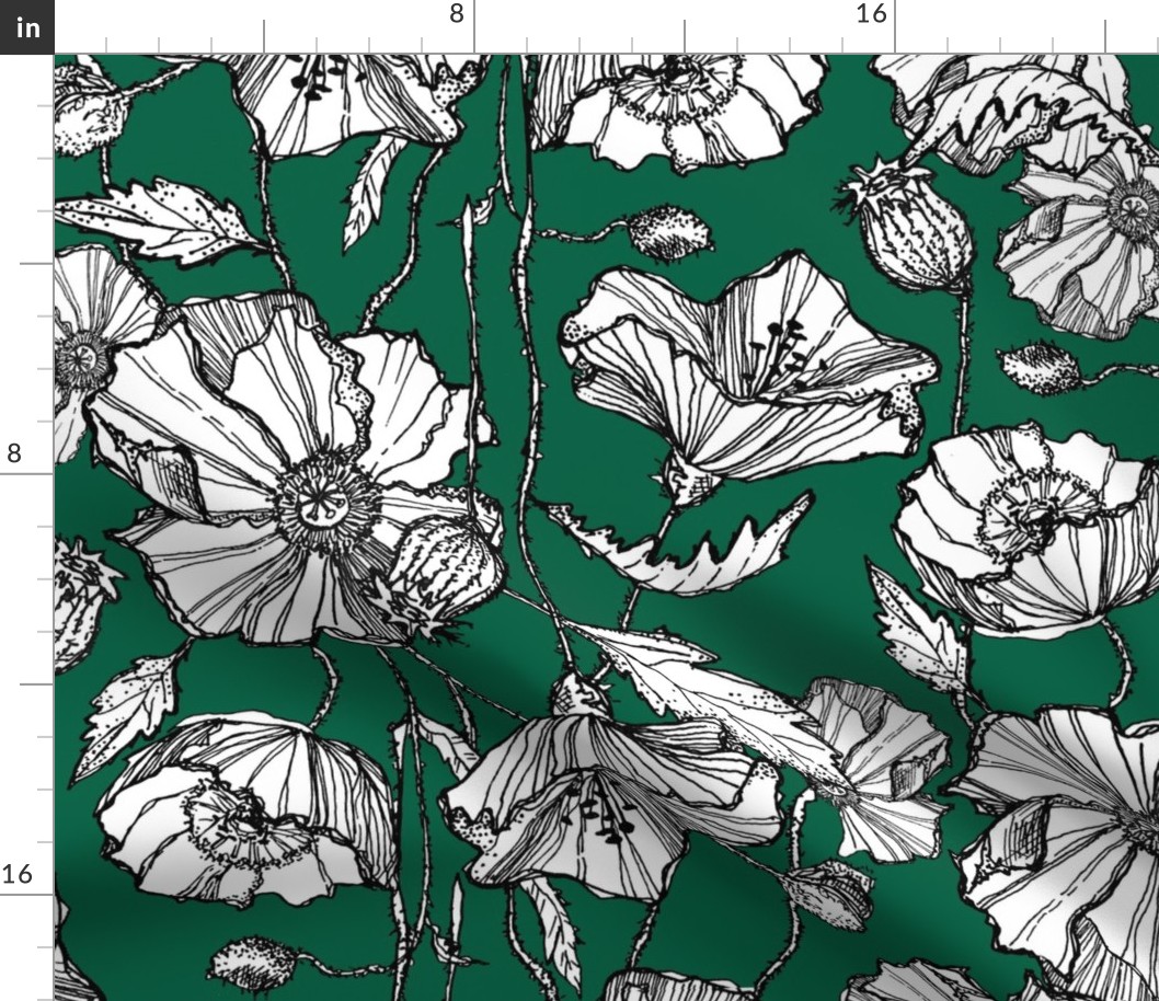 Hand-Drawn Poppies in Green