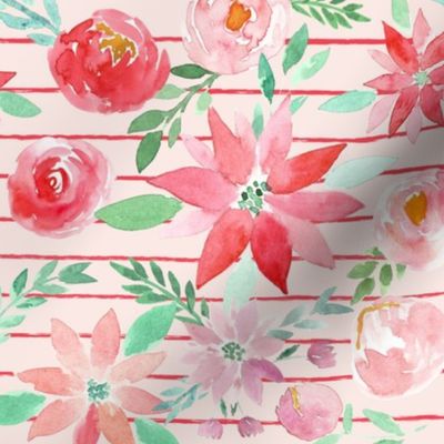 Christmas Garden Watercolor Florals on Blush and Red Stripes 