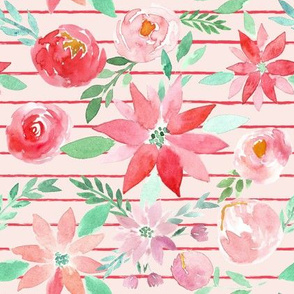 Christmas Garden Watercolor Florals on Blush and Red Stripes 