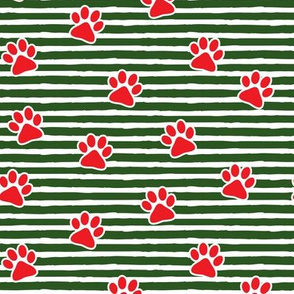 Christmas paw prints - red on dark green - LAD19
