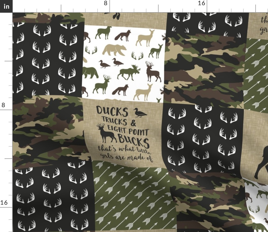 "What little girls are made of" -  So deerly loved - Ducks, Trucks, and Eight Point bucks - patchwork - woodland wholecloth - camo C2 duck & buck C19BS