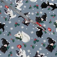 Merry Christmas Xmas cats kittens playing snow snowflakes grey gray black white green red bows mistletoe leafs leaves berry berries baubles cute vintage retro kitsch  