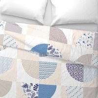 Large scale Drunkard's Path blanket cheater quilt blue beige 