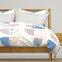 Large scale Drunkard's Path blanket cheater quilt blue beige 