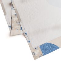 Large scale Drunkard's Path blanket cheater quilt blue beige 