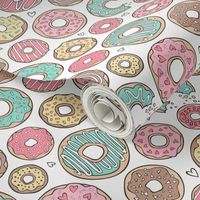 Donuts with Hearts Mint Green, Pink and Chocolate on White Smaller  Tiny