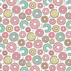 Donuts with Hearts Mint Green, Pink and Chocolate on White Smaller  Tiny
