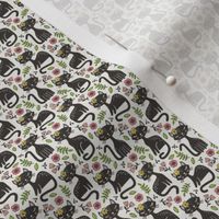 Black Cats & Flowers on Cloud Grey Tiny Small