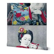 antique vintage japanese japan oriental chinoiserie culture kimono  asia asian traditional geisha maiko cats pets bell collar portraits woman lady