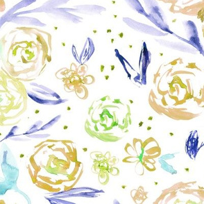 Spring in California in mustard and indigo, watercolor flowers