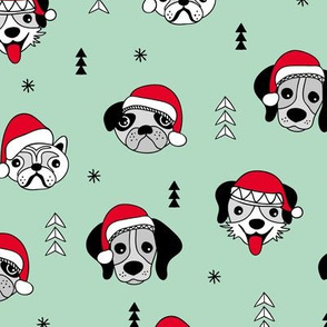 Little puppy friends Christmas dogs pug pitbull shepherd and poodle with santa hat mint green