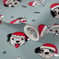 Little puppy friends Christmas dogs pug pitbull shepherd and poodle with santa hat winter stone gray blue
