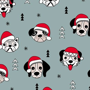 Little puppy friends Christmas dogs pug pitbull shepherd and poodle with santa hat winter stone gray blue