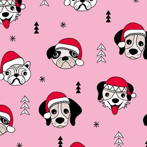Little puppy friends Christmas dogs pug pitbull shepherd and poodle with santa hat pink red