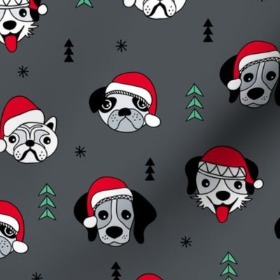 Little puppy friends Christmas dogs pug pitbull shepherd and poodle with santa hat charcoal gray red green