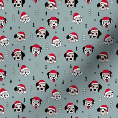 Little puppy friends Christmas dogs pug pitbull shepherd and poodle with santa hat winter stone gray blue SMALL