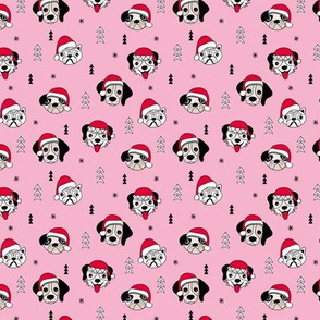Little puppy friends Christmas dogs pug pitbull shepherd and poodle with santa hat pink red SMALL