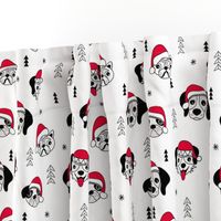 Little puppy friends Christmas dogs pug pitbull shepherd and poodle with santa hat black and white red