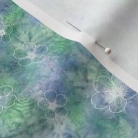 White Geranium Flowers on Blue Green Sunprint Texture