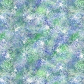 White Geranium Flowers on Blue Green Sunprint Texture