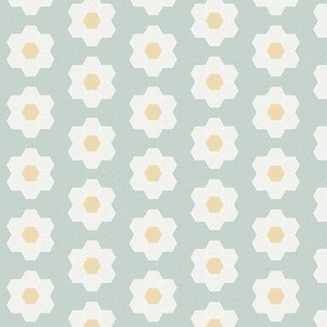 milky green daisy hexagon - 1.5" daisy - sfx6205 - daisy quilt, baby quilt, nursery, baby girl, kids bedding, wholecloth quilt fabric