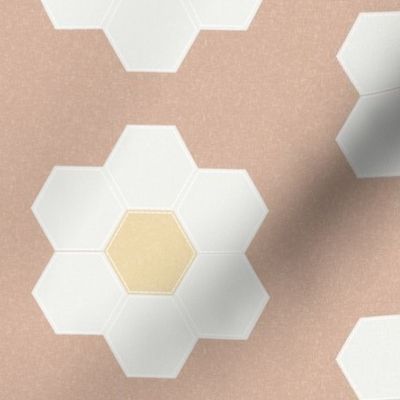 almond daisy hexagon - 6" daisy - sfx1213 - daisy quilt, baby quilt, nursery, baby girl, kids bedding, wholecloth quilt fabric