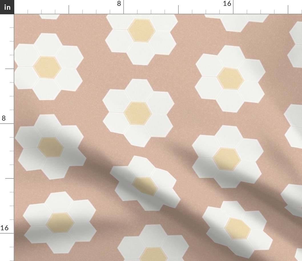 almond daisy hexagon - 6" daisy - sfx1213 - daisy quilt, baby quilt, nursery, baby girl, kids bedding, wholecloth quilt fabric
