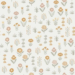 wildflower fabric - sfx1144, oak leaf, chamomile, sage - linocut block print fabric - floral fabric, girls nursery fabric, kids bedding fabric 