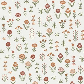 wildflower fabric - sfx1443, redwood, caramel, sierra, iguana - linocut block print fabric - floral fabric, girls nursery fabric, kids bedding fabric 