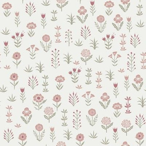 wildflower fabric - sfx1718, clover, rose sage - linocut block print fabric - floral fabric, girls nursery fabric, kids bedding fabric 