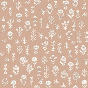 wildflower fabric - sfx1213 almond - linocut block print fabric - floral fabric, girls nursery fabric, kids bedding fabric 