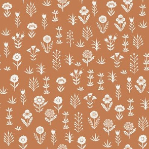 wildflower fabric - sfx1346 caramel - linocut block print fabric - floral fabric, girls nursery fabric, kids bedding fabric 