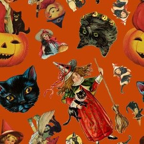 Multicolor Trendy Designs & More Vintage Halloween Pumpkins Cats Witchy Magical Crystals Bats Throw Pillow 18x18 Fun Cute 