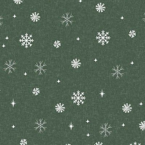 snow hunter - sfx0315, snowflakes, snowflake fabric, hunter green fabric, green christmas fabric, christmas green, christmas snowflakes