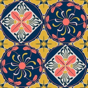 art nouveau wallflower checker coral