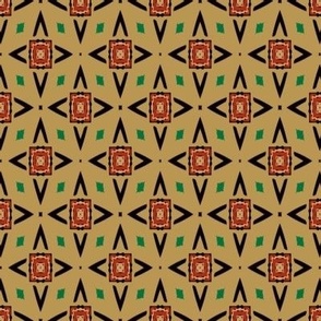 Geometric Repeating Print in Green Gold Black and Brown