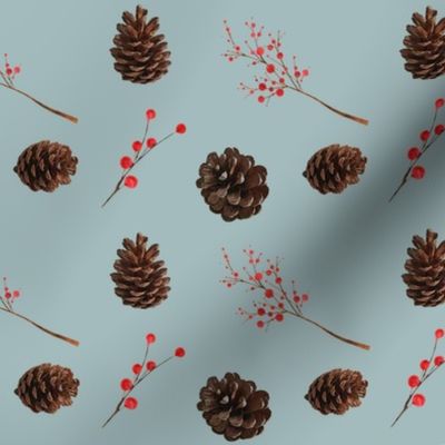 Pine cones red berries on verdigris gray